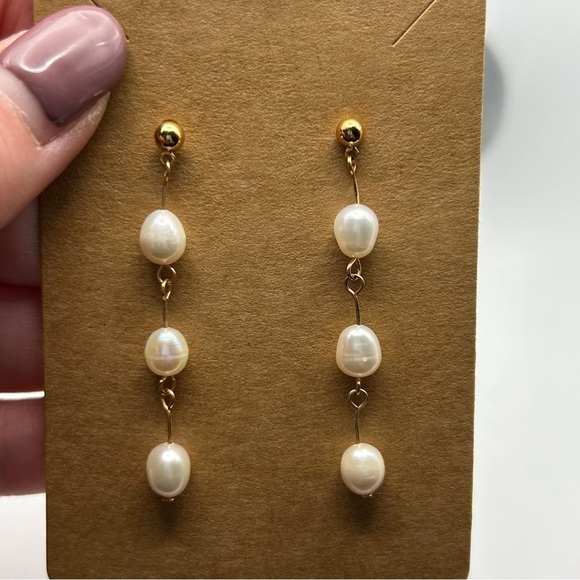 Classic Long Triple White Faux Pearl Stud Dangle Earrings Gold Tone - Picture 5 of 6